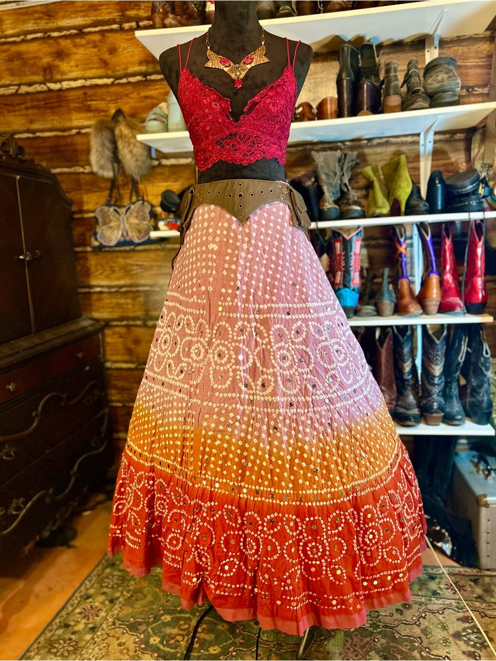 Handmade Indian Bandhani Maxi Skirt Pink Orange Ombre Boho